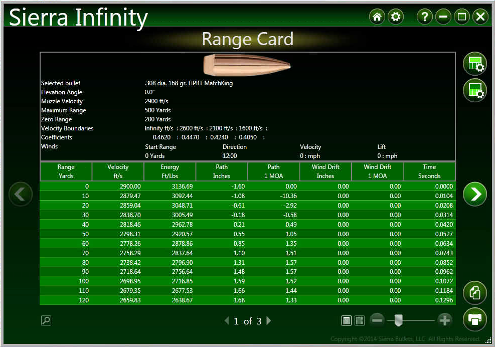 Infinity Version 7 Ballistic Software Range Card 